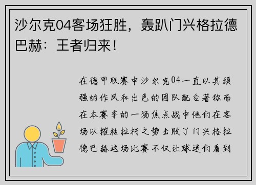沙尔克04客场狂胜，轰趴门兴格拉德巴赫：王者归来！