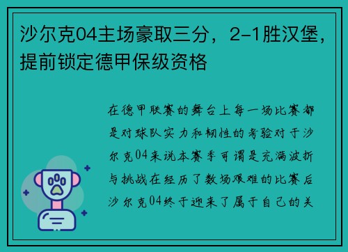 沙尔克04主场豪取三分，2-1胜汉堡，提前锁定德甲保级资格