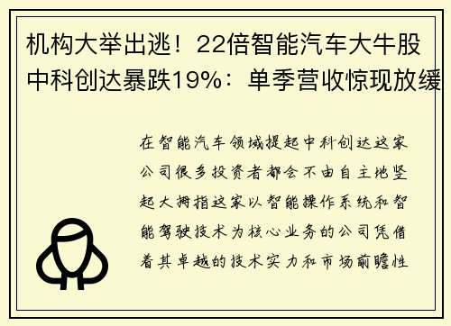 机构大举出逃！22倍智能汽车大牛股中科创达暴跌19%：单季营收惊现放缓
