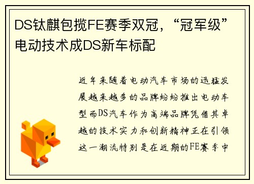 DS钛麒包揽FE赛季双冠，“冠军级”电动技术成DS新车标配