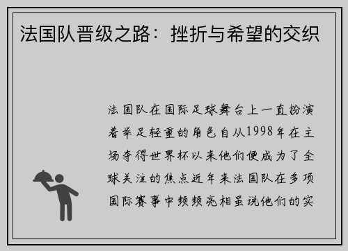 法国队晋级之路：挫折与希望的交织