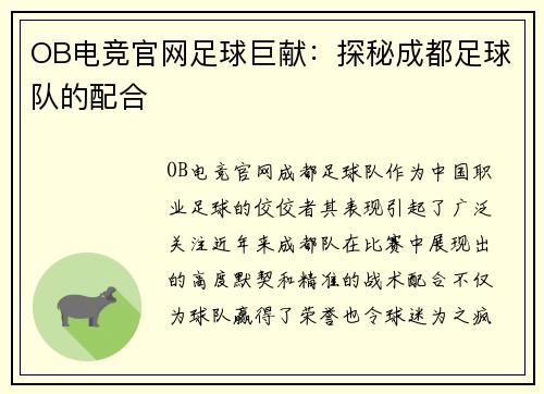 OB电竞官网足球巨献：探秘成都足球队的配合