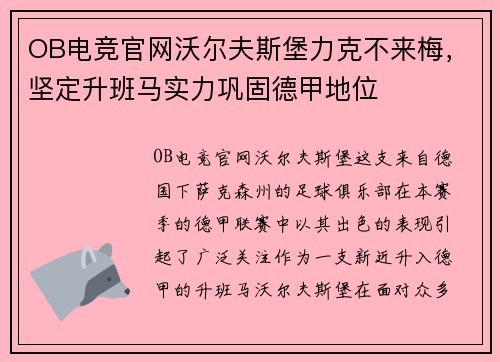 OB电竞官网沃尔夫斯堡力克不来梅，坚定升班马实力巩固德甲地位